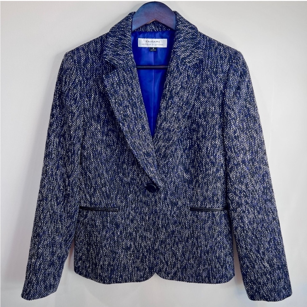 Tahari ASL Black Royal Blue Tweed Lined Blazer Jacket Size 8